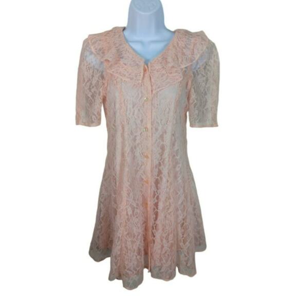 VTG 80's Amy Too Byer Calif. Pink Lace Mini Dress Sheer Slip Dress See Measure - Picture 1 of 12
